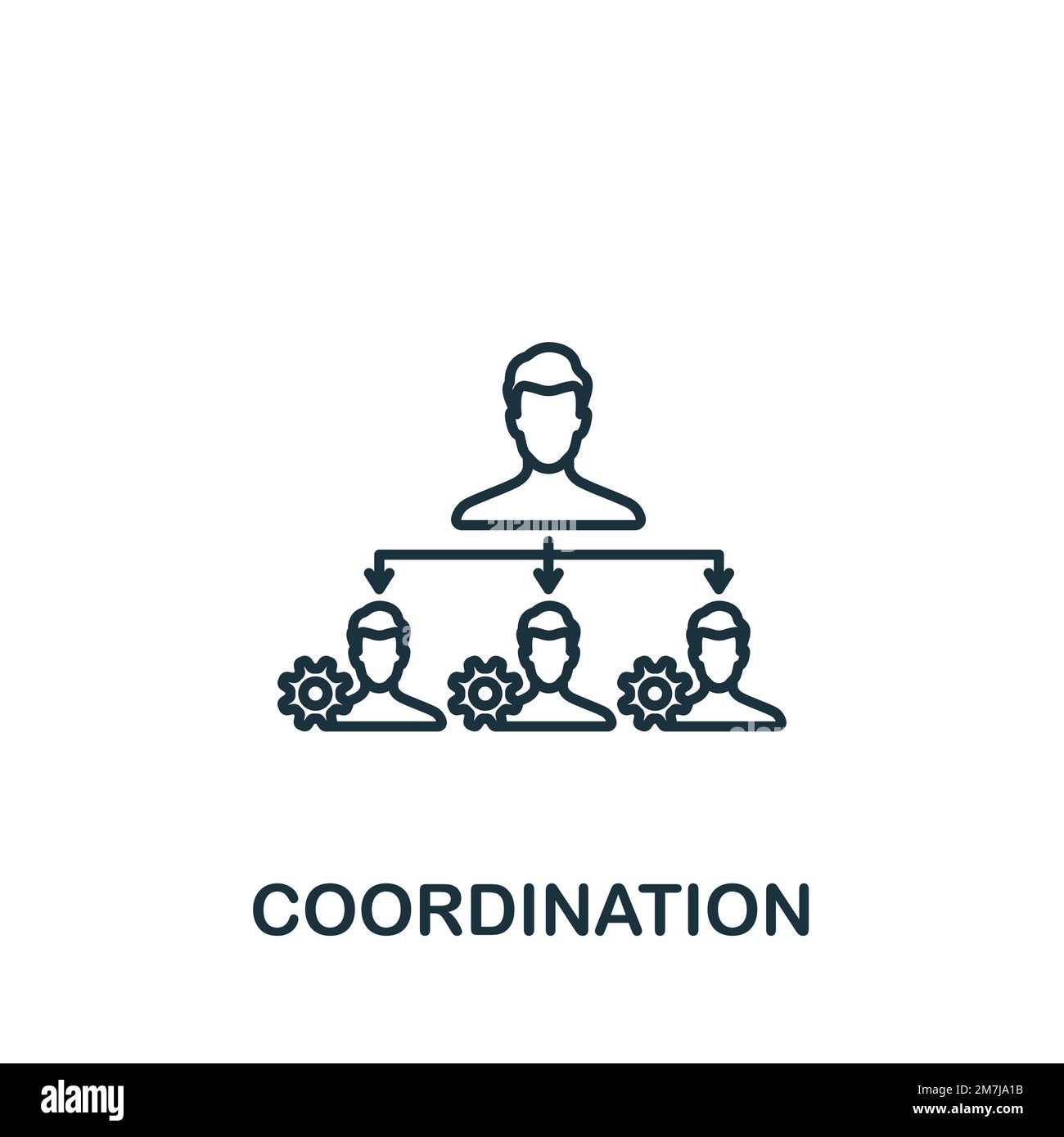 Icon of hierarchical coordination with three figures and gears under a leader figure.