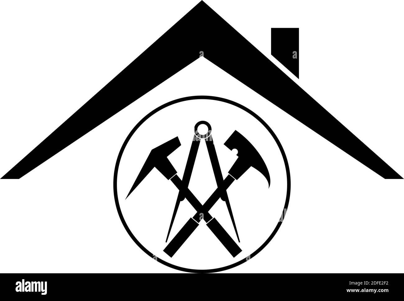 Silhouette of a house with a circle containing crossed hammer, axe, and compass symbols inside.