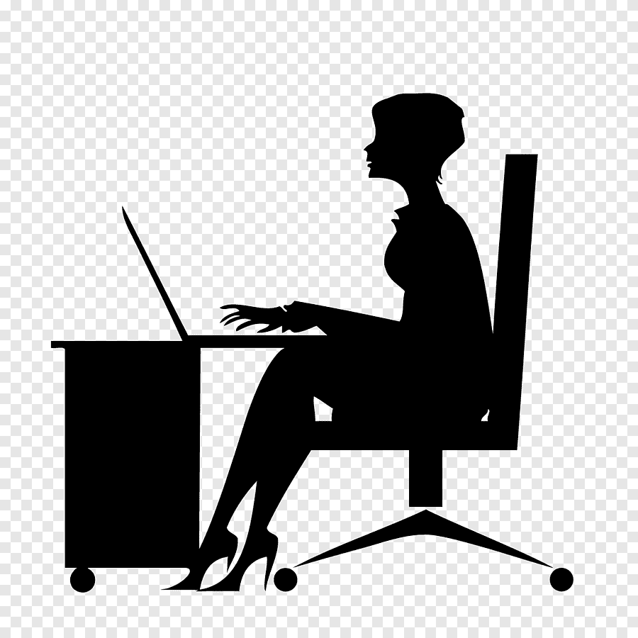 Silhouette of a woman sitting at a desk and working on a laptop.