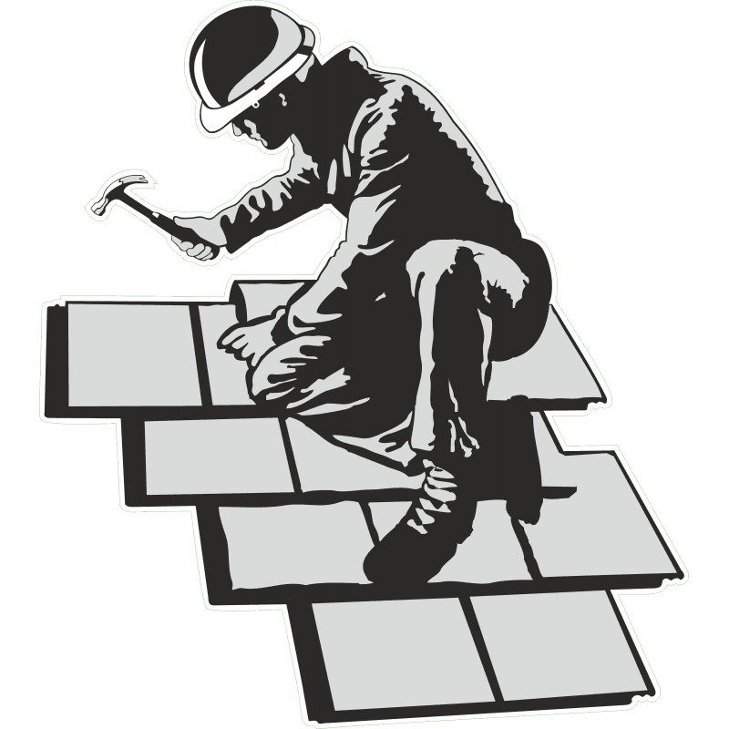 Silhouette of a construction worker in a hard hat installing tiles or shingles with a hammer.