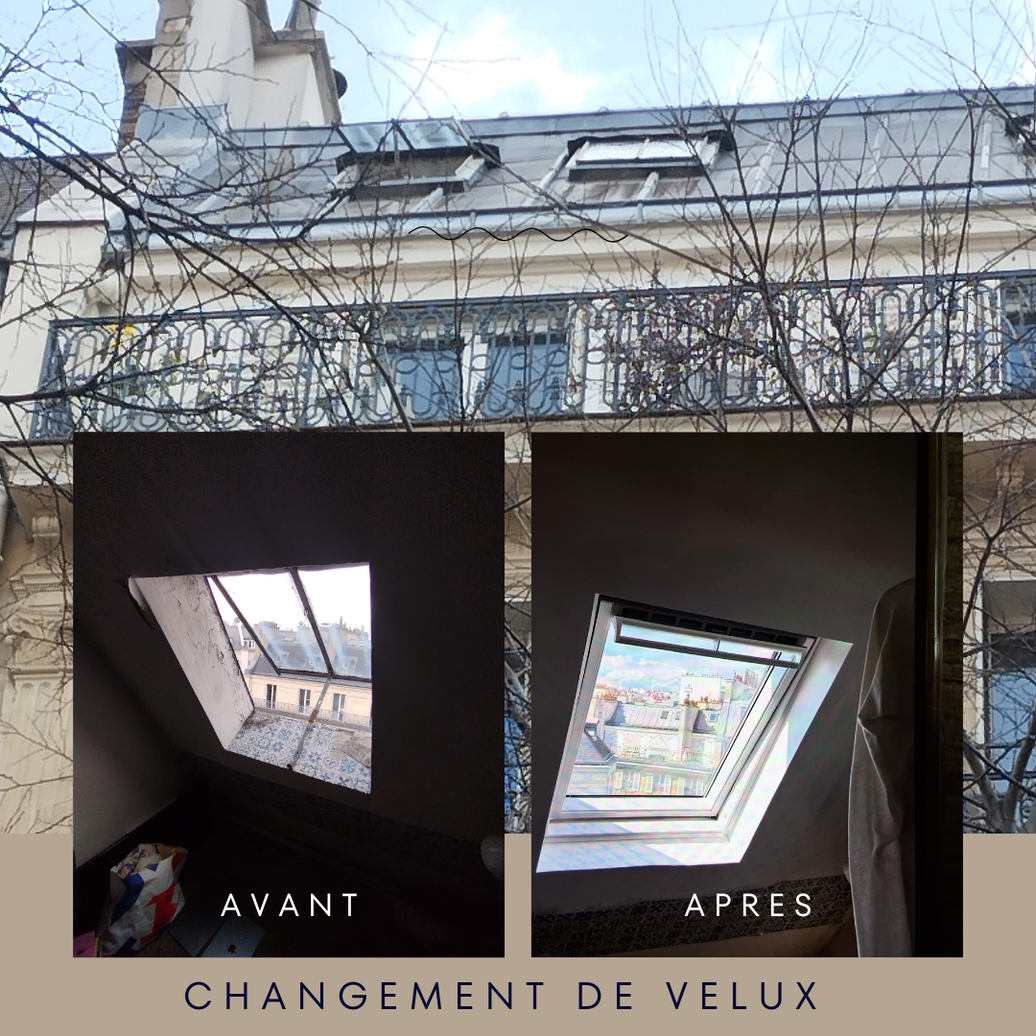 Remplacement d'un vasistas par une fenêtre de toit Velux sur toiture Mansard en zinc à Paris (75)